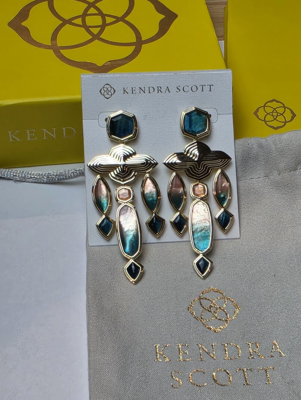 Kendra Scott Monica Statement Earrings Gold Teal Mix Geometric Chandelier NEW - Picture 3 of 8